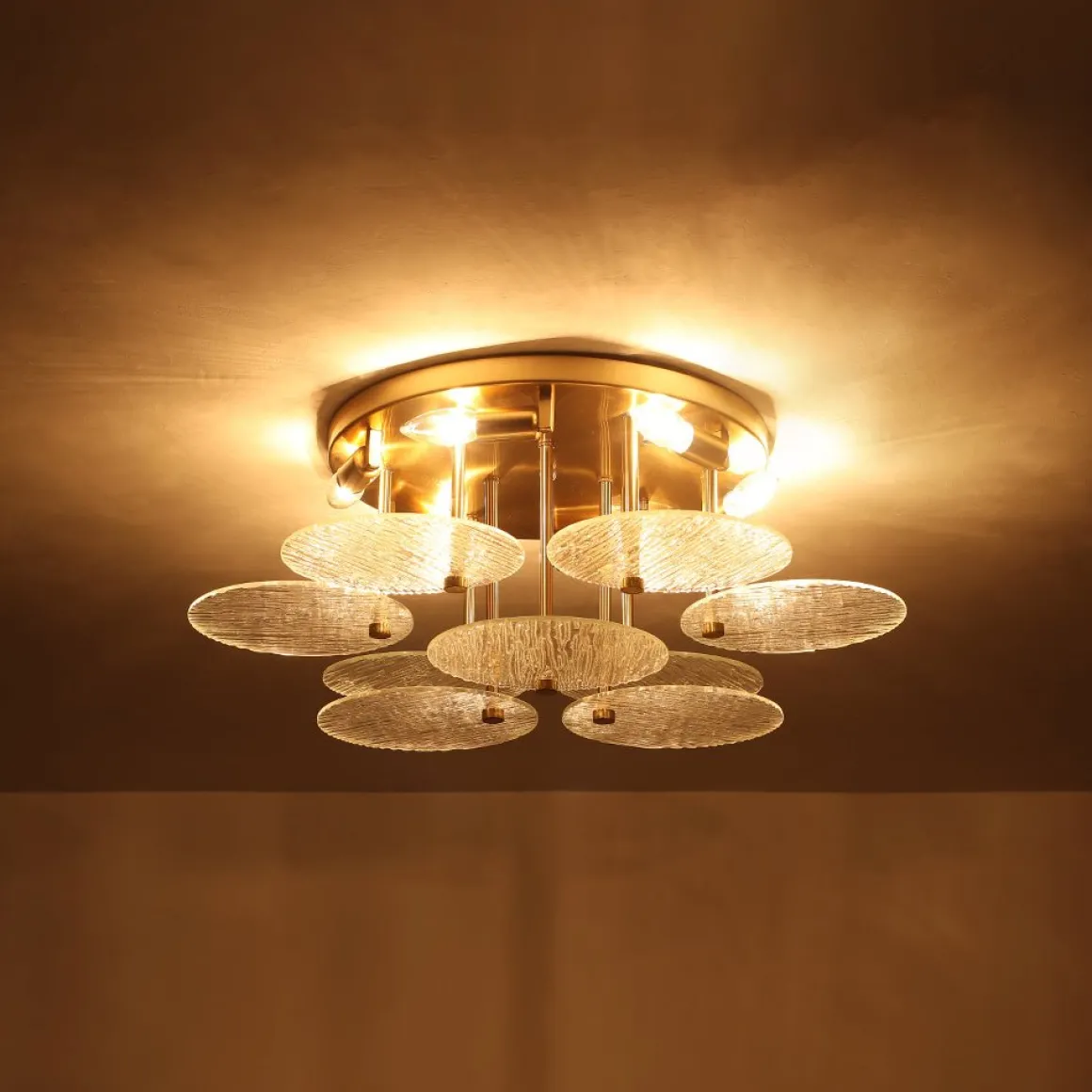 Bloom Brass 6-Light Tiered Rippled Glass Round Semi Flush Mount