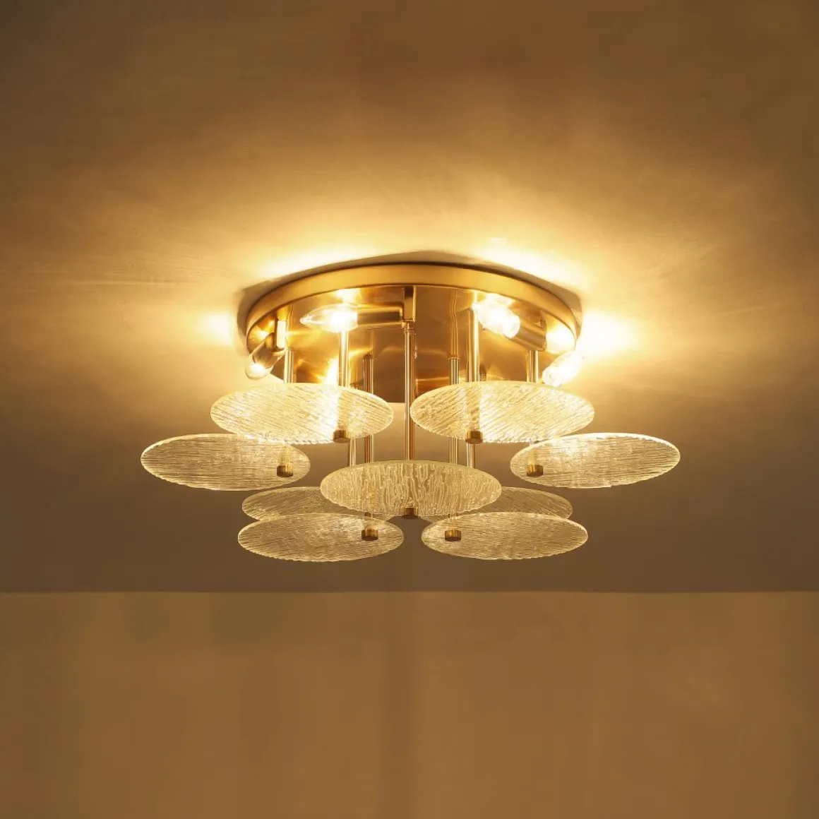 Bloom Brass 6-Light Tiered Rippled Glass Round Semi Flush Mount