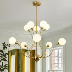Bloom Frosted Glass Globe Bubble Brass Sputnik Chandelier