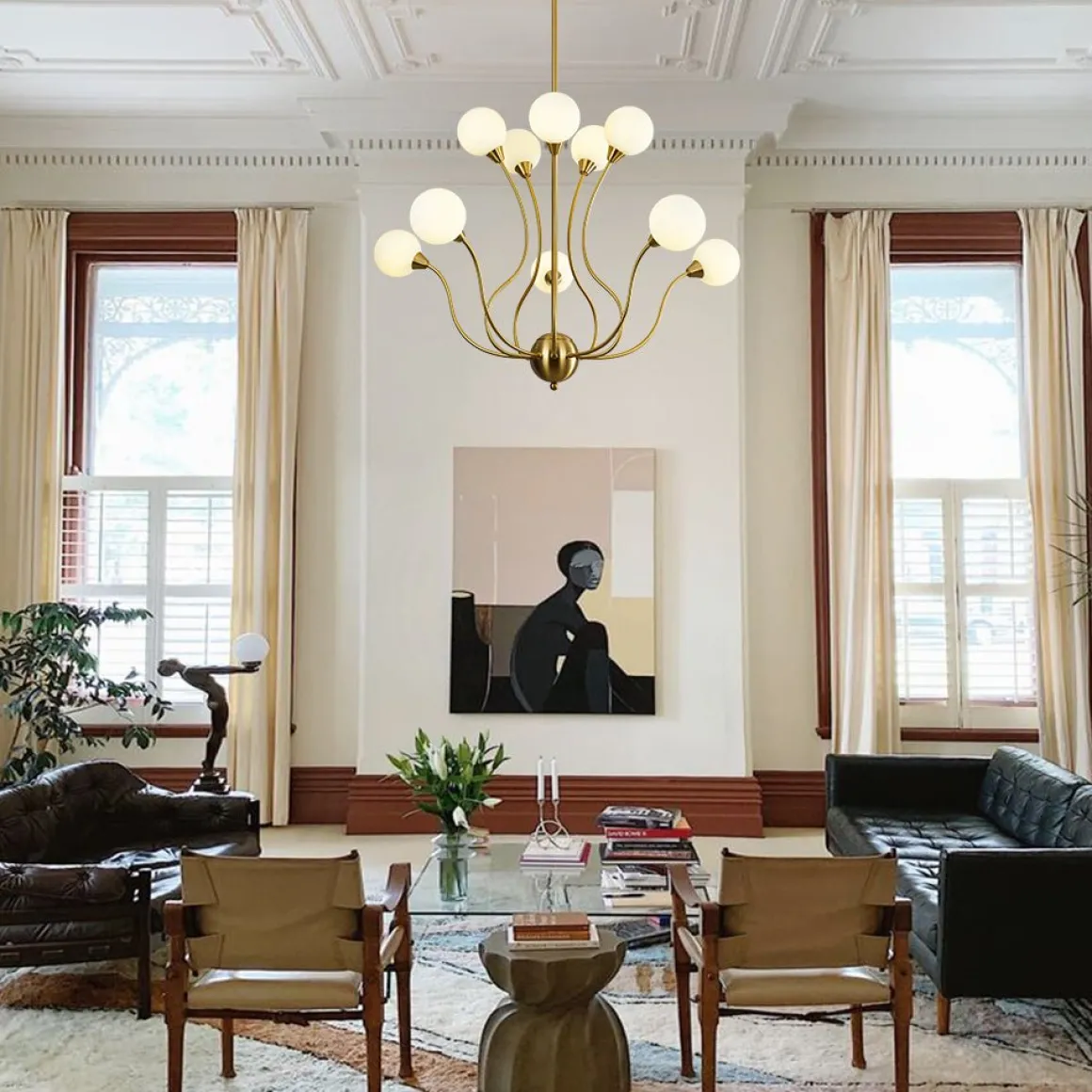 Bloom Frosted Glass Globe Bubble Brass Sputnik Chandelier