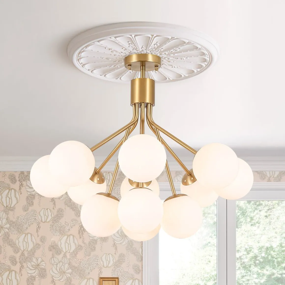 Bloom Opal Glass Bubble Tiered Sputnik Semi Flush Chandelier