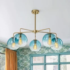 Blue Glass Globe Bubble Sputnik 5-light Round Chandelier