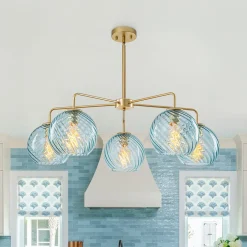 Blue Ribbed Glass Globe 5-light Round Sputnik Chandelier