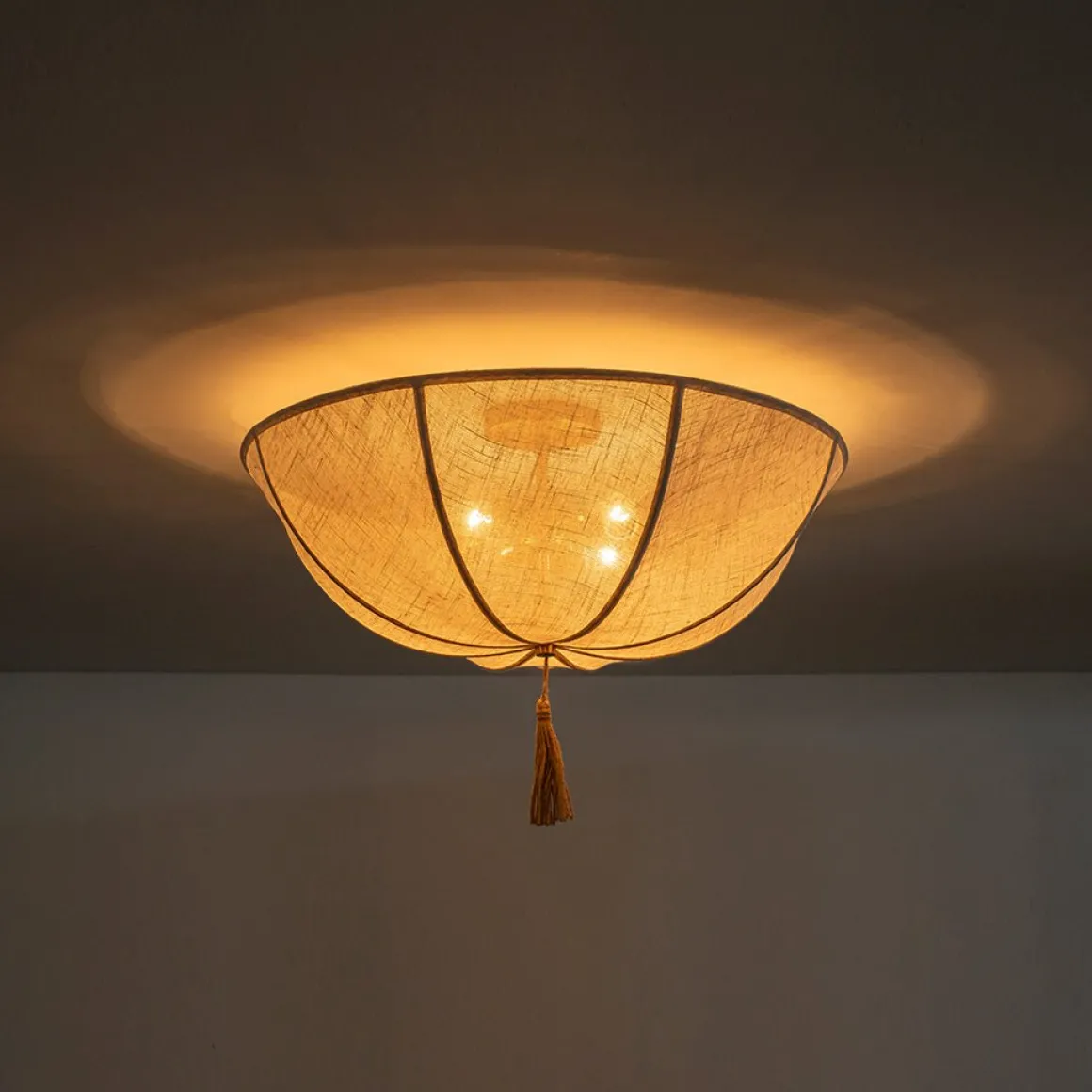 Boho Fabric Linen Round Scalloped Cage Semi Flush Mount