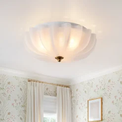 Boho Pleated Flower White Crackled Glass Semi Flush