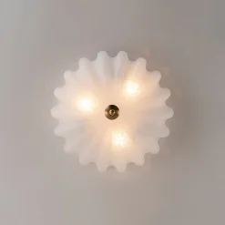 Boho Pleated Flower White Crackled Glass Semi Flush