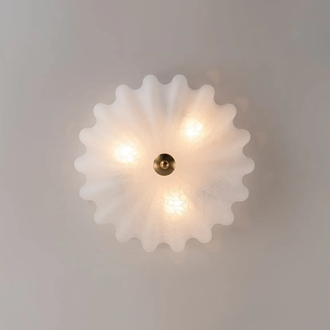 Boho Pleated Flower White Crackled Glass Semi Flush