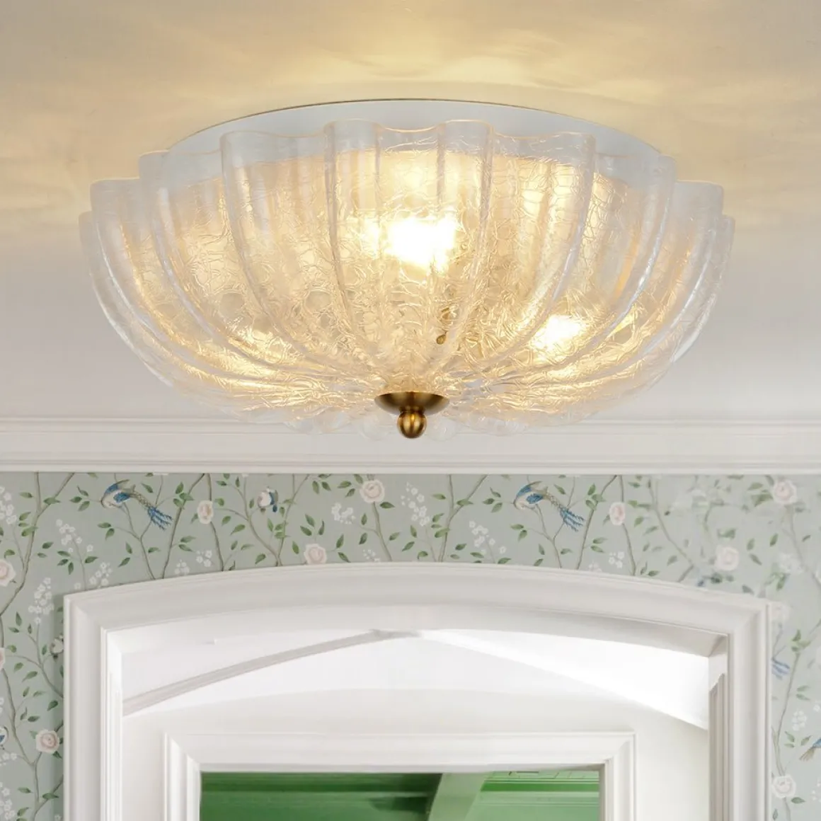 Boho Pleated Flower White Crackled Glass Semi Flush