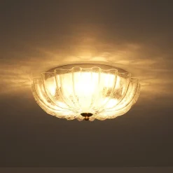 Boho Pleated Flower White Crackled Glass Semi Flush