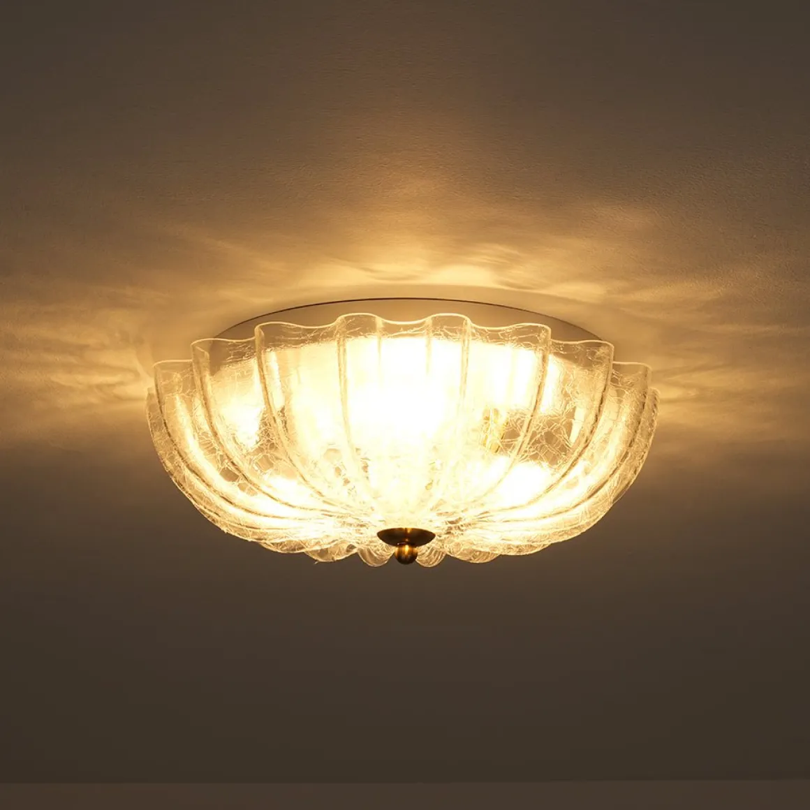 Boho Pleated Flower White Crackled Glass Semi Flush