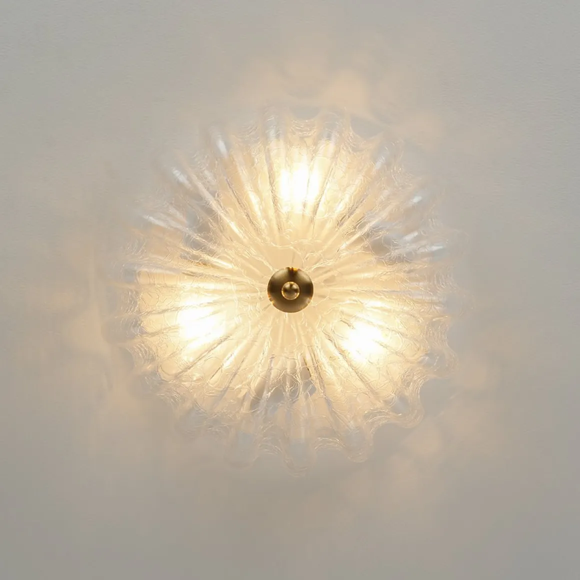 Boho Pleated Flower White Crackled Glass Semi Flush