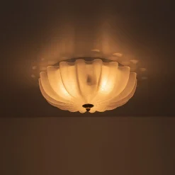 Boho Pleated Flower White Crackled Glass Semi Flush
