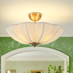 Boho Pleated Flower White Fabric Semi Flush Mount