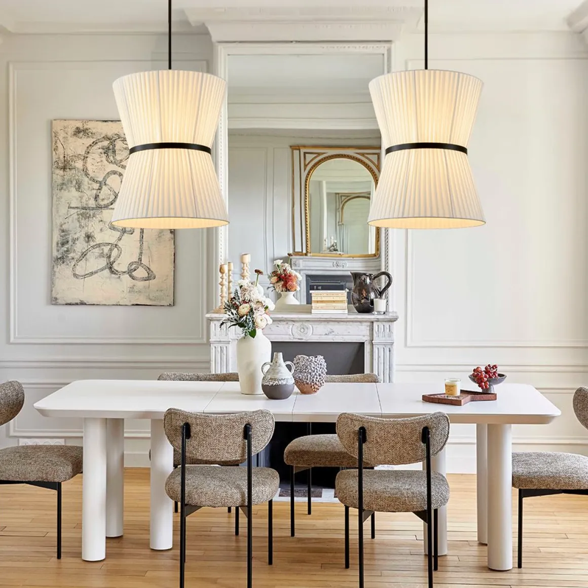 Boho 2-Tier White Fabric Tapered Drum Pendant Light