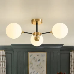 Brass Black 3-Light Frosted Glass Globe Semi Flush Mount