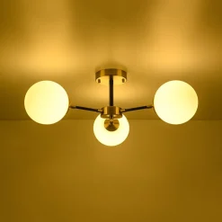Brass Black 3-Light Frosted Glass Globe Semi Flush Mount
