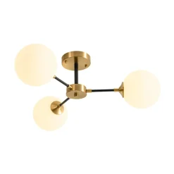 Brass Black 3-Light Frosted Glass Globe Semi Flush Mount