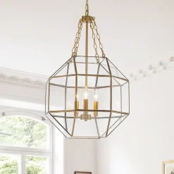 Brass Clear Glass Geometric Cube Lantern Pendant Light