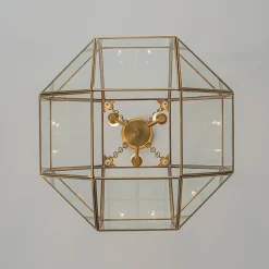 Brass Clear Glass Geometric Cube Lantern Pendant Light