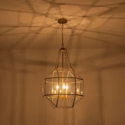Brass Clear Glass Geometric Cube Lantern Pendant Light