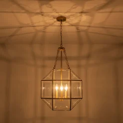 Brass Clear Glass Geometric Cube Lantern Pendant Light