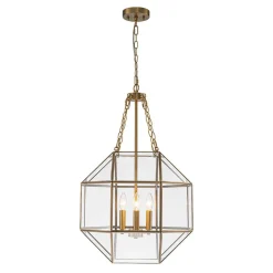 Brass Clear Glass Geometric Cube Lantern Pendant Light