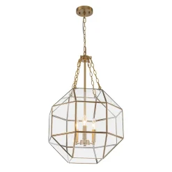 Brass Clear Glass Geometric Cube Lantern Pendant Light