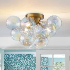 Brass Cluster Iridescent Glass Globe Bubble Ceiling Light