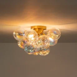 Brass Cluster Iridescent Glass Globe Bubble Ceiling Light