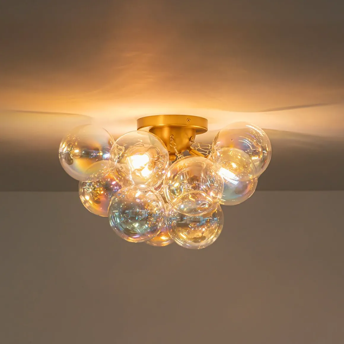 Brass Cluster Iridescent Glass Globe Bubble Ceiling Light