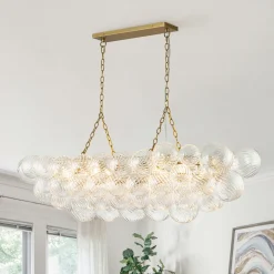 Brass Cluster Ribbed Glass Globe Bubble Linear Chandelier