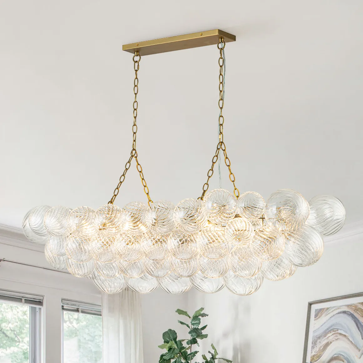 Brass Cluster Ribbed Glass Globe Bubble Linear Chandelier