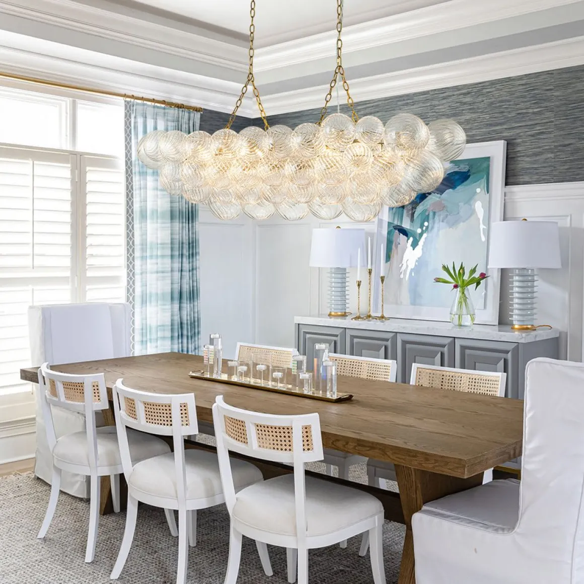 Brass Cluster Ribbed Glass Globe Bubble Linear Chandelier