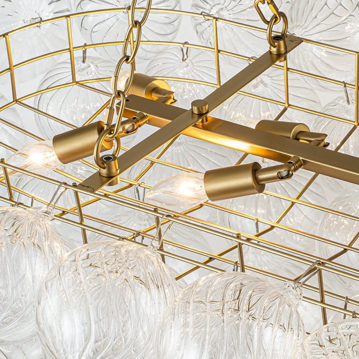Brass Cluster Ribbed Glass Globe Bubble Linear Chandelier