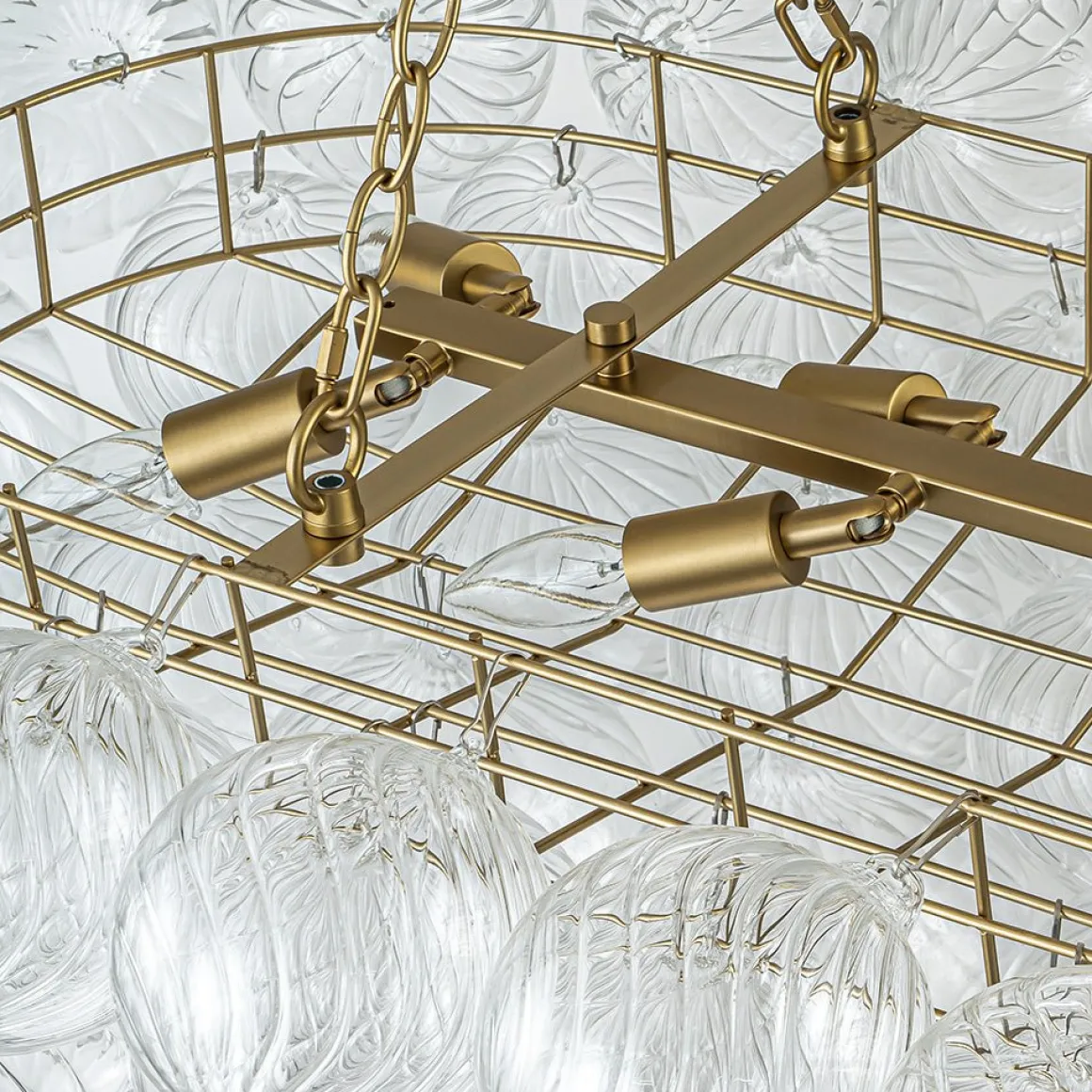 Brass Cluster Ribbed Glass Globe Bubble Linear Chandelier