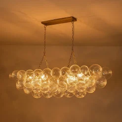 Brass Cluster Ribbed Glass Globe Bubble Linear Chandelier