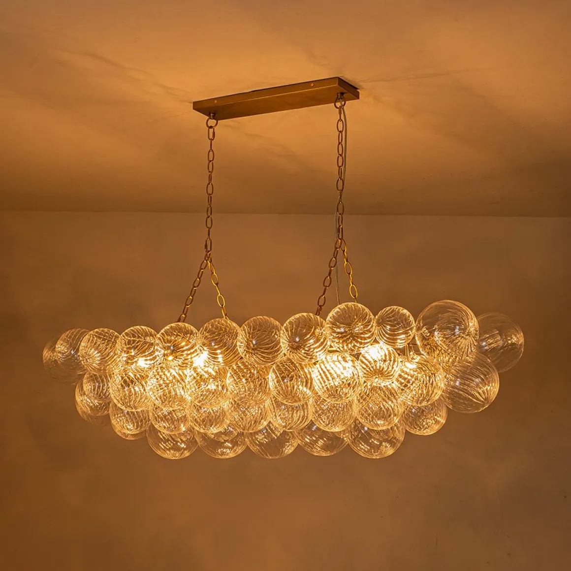 Brass Cluster Ribbed Glass Globe Bubble Linear Chandelier