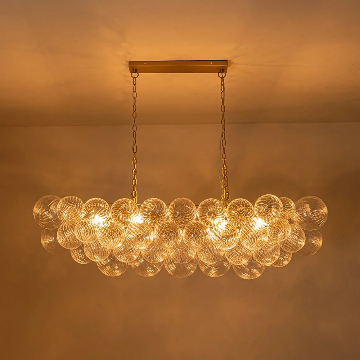 Brass Cluster Ribbed Glass Globe Bubble Linear Chandelier
