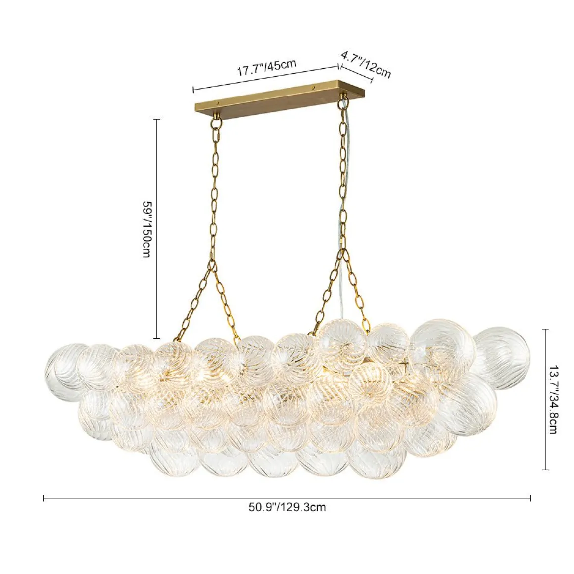 Brass Cluster Ribbed Glass Globe Bubble Linear Chandelier