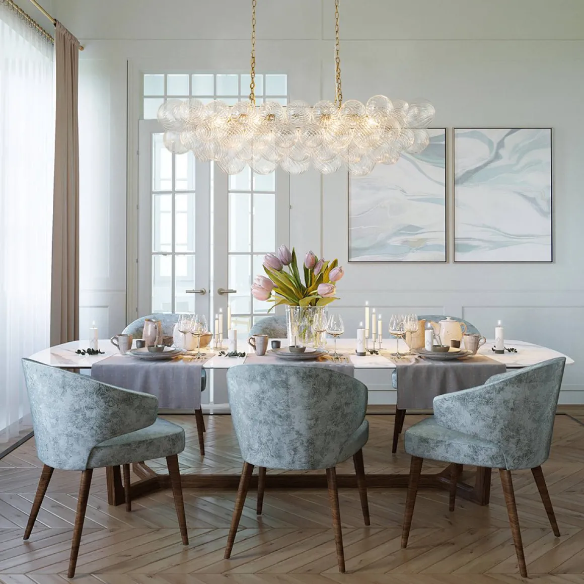 Brass Cluster Ribbed Glass Globe Bubble Linear Chandelier