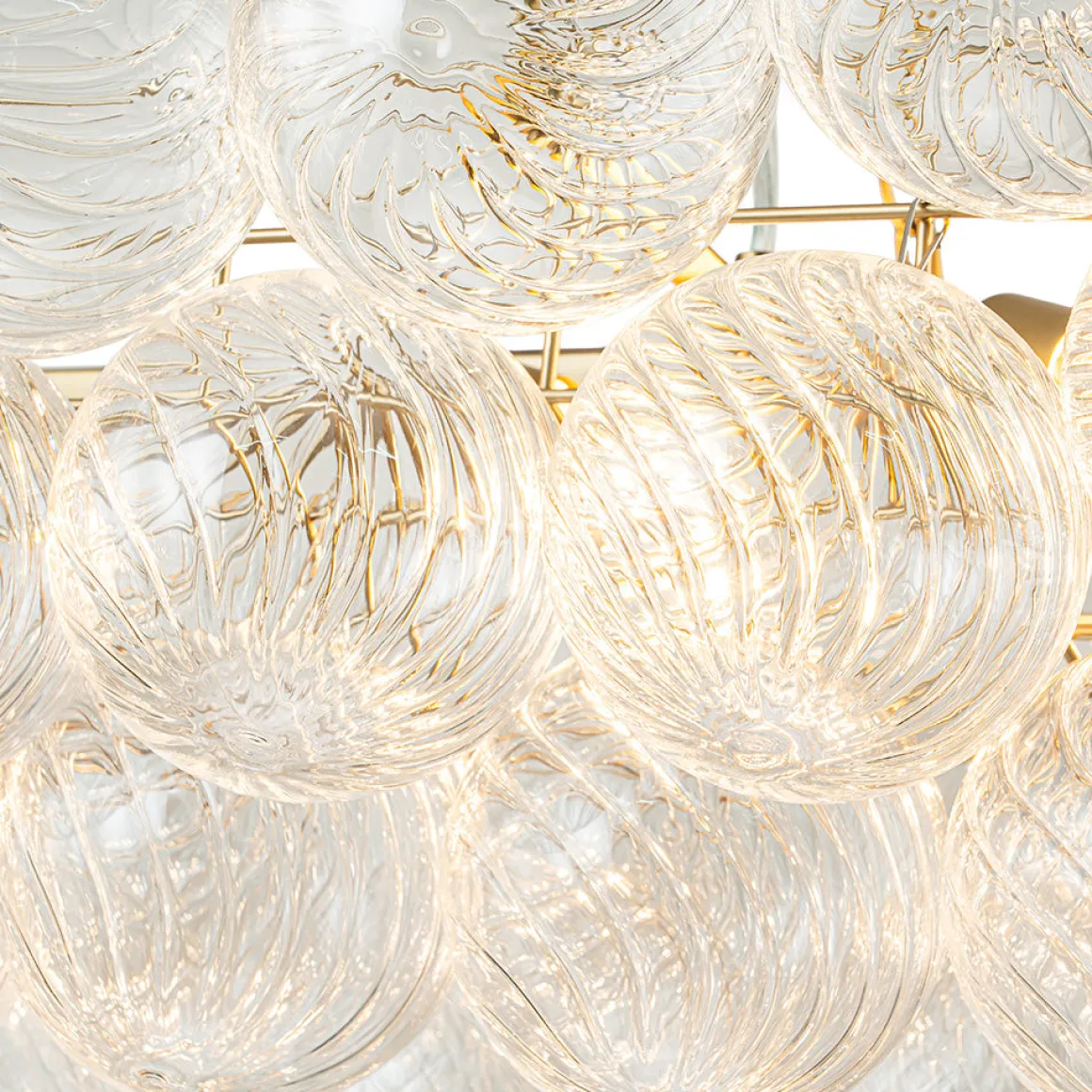 Brass Cluster Ribbed Glass Globe Bubble Linear Chandelier