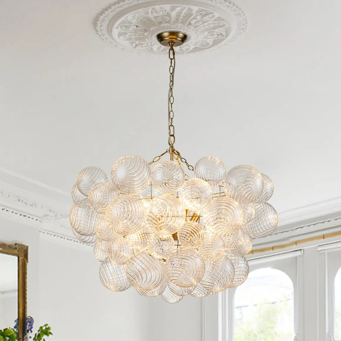 Brass Cluster Ribbed Glass Globe Bubble Chandelier