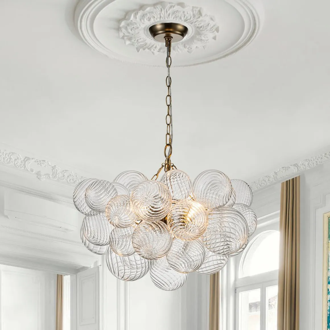 Brass Cluster Ribbed Glass Globe Bubble Chandelier