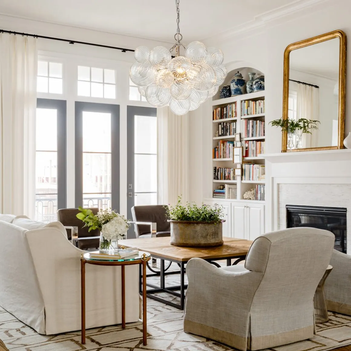 Brass Cluster Ribbed Glass Globe Bubble Chandelier