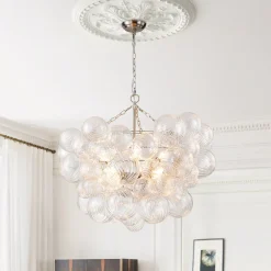 Brass Cluster Ribbed Glass Globe Bubble Chandelier