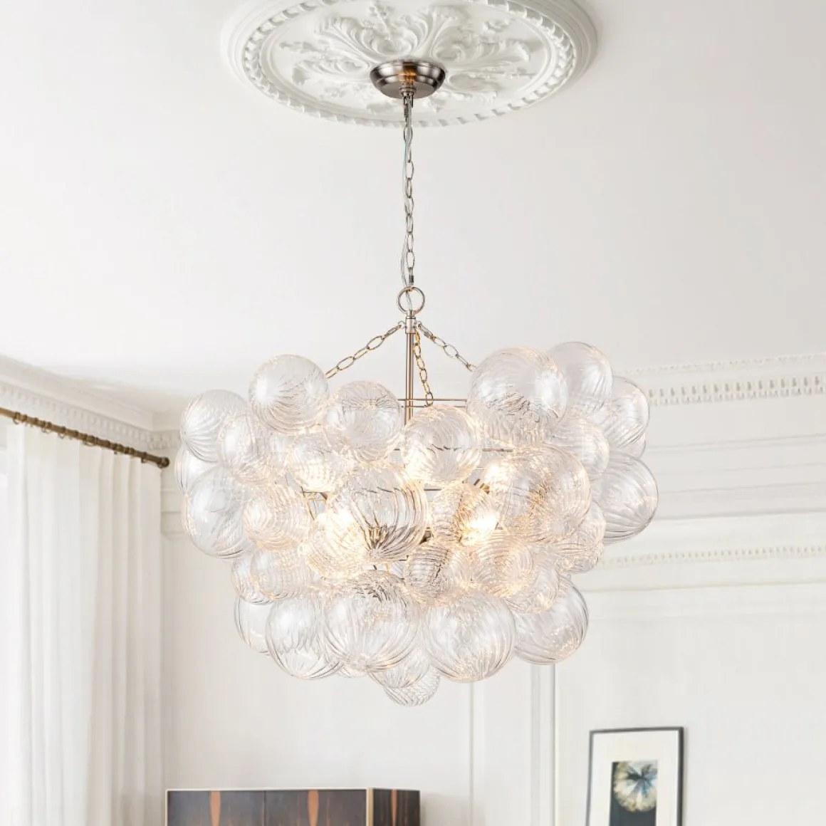 Brass Cluster Ribbed Glass Globe Bubble Chandelier