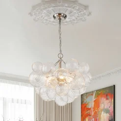 Brass Cluster Ribbed Glass Globe Bubble Chandelier