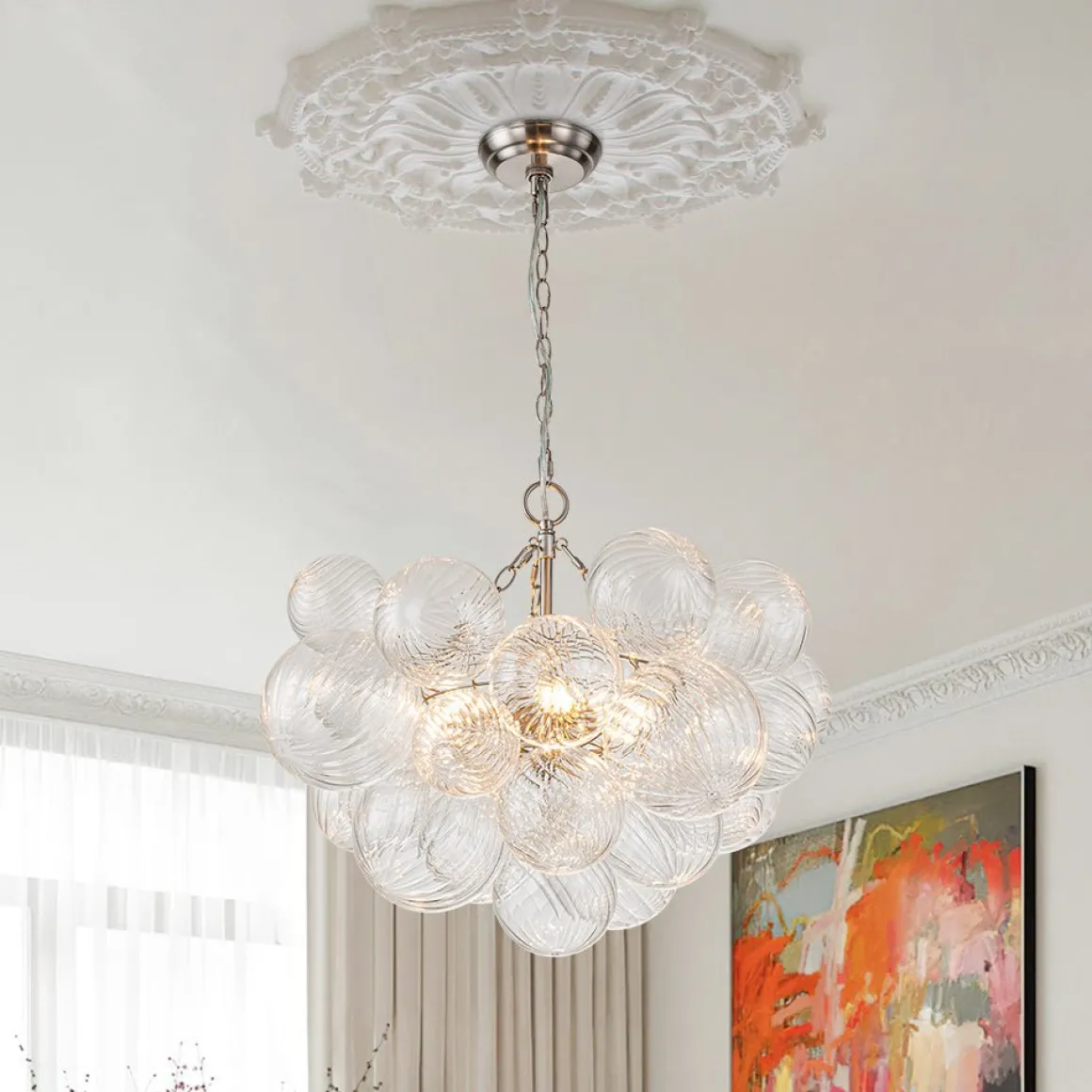 Brass Cluster Ribbed Glass Globe Bubble Chandelier