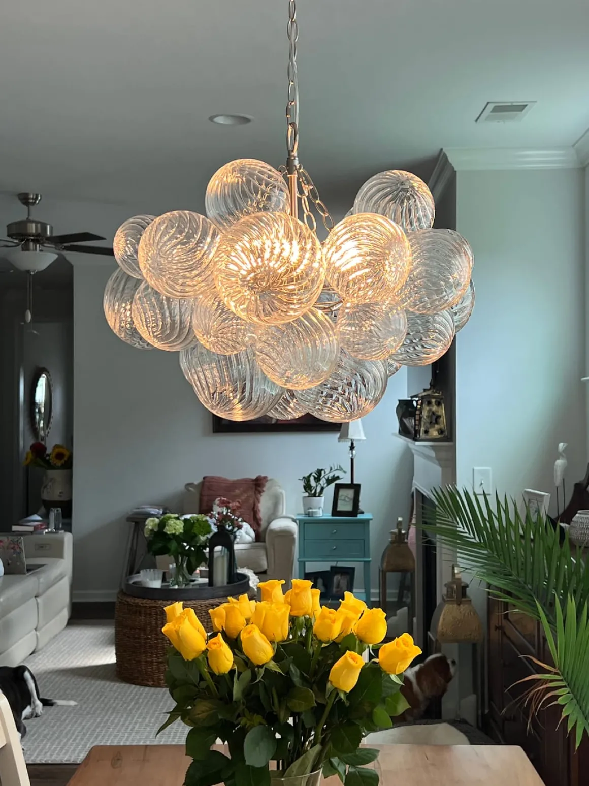 Brass Cluster Ribbed Glass Globe Bubble Chandelier