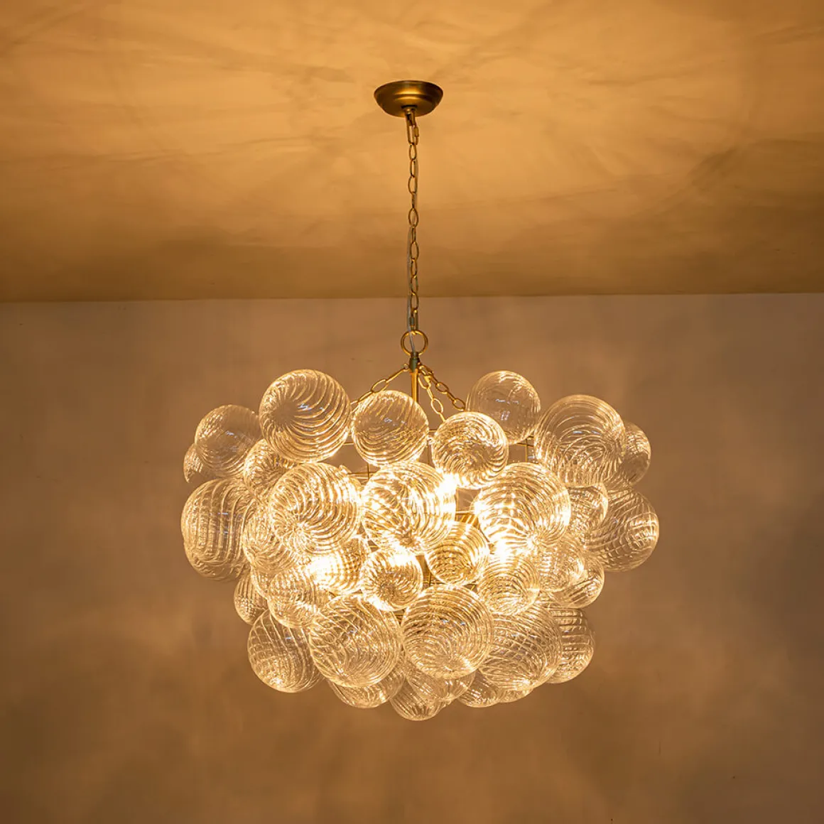 Brass Cluster Ribbed Glass Globe Bubble Chandelier
